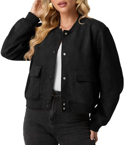 GRECERELLE Veste bomber pour femme - En daim - Manches longues - Courte - Coupe automne - Avec fermeture à boutons - Design vintage - 2 poches et poignets élastiques aux manches et ourlet, Noir , M