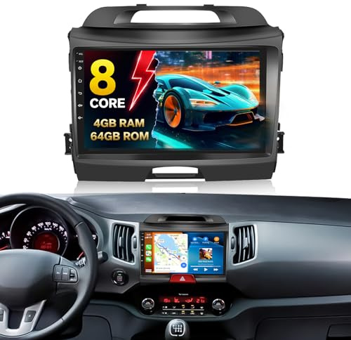 CAMECHO 8 Core 4G+64G Android 15 para Kia sportage 2010-2016 con Navi Carplay Android Auto, 9 Pulgadas Pantalla Doble DIN autoradio con Bluetooth5.0 FM/RDS 32EQ DSP SWC+Cámara Trasera