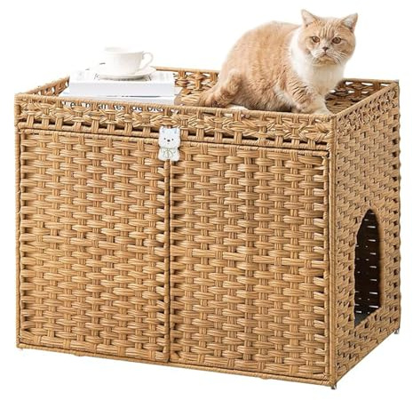 Katzenhaus Katzenschrank für Katzentoilette Versteckte Katzenklo-Möbel, Handgeflochtenes Rattan-Katzenhaus mit Katzenklo Matte 77 x 46,5 x 62cm, für den Innenbereich, Wohnzimmer, Balkon (Natur, Groß)