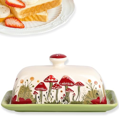 Beurrier en Céramique avec Couvercle, Pot à Beurre Champignon avec Plateau, Joli Beurrier pour 250 g de Beurre, Boîte de Rangement de Beurre pour Cuisine, Table ou Cadeau, Vert, 19 x 10 cm