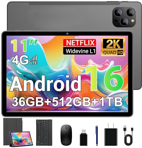 FASTWD Tablet 11 Pulgadas Android 16 Tableta Gaming con 4G Doble SIM y 5G WiFi,Octa-Core,36 GB RAM+512 GB ROM (1TB TF), 2K incell120Hz,8000mAh,13MP+8MP,Tablets con Teclado,Gris