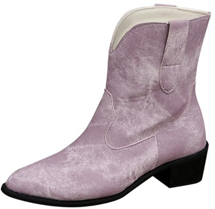 Stövletter dam med klack, cowboy stövlar dam slip-on ridstövlar andas västerländska stövlar enfärgade cowboystövlar bekväma fritidsskor utomhus vandring barfotaskor vinter regnstövlar, lila, 35 EU
