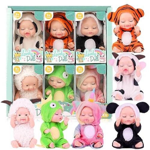 Mini Babypuppen, 6 Stück, schläfriges Gesicht, bewegliche Gelenke, kleine Babypuppen mit verschiedenen Kleidungsstücken auf 10, 2 x 5, 1 cm, realistische und bezaubernde kleine PVC Puppe, für Mädchen