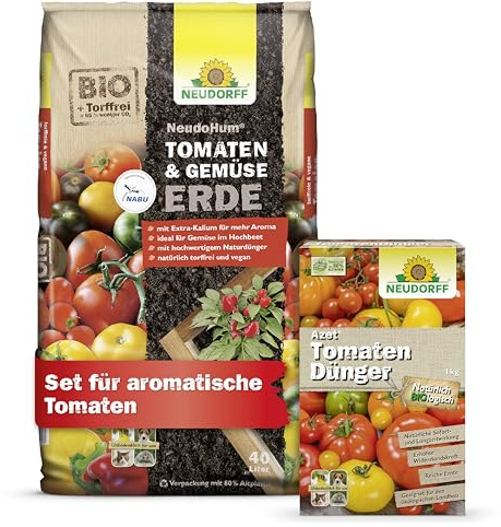 Neudorff Tomaten-Set – Bio Tomatendünger und torffreie Tomatenerde für kräftiges Wachstum und reiche Ernte aromatischer Tomaten und Gemüse