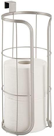 mDesign Modern Over The Tank Hanging Toilet Tissue Paper Roll Holder and Reserve for Bathroom Storage - Stores 3 Extra Rolls, Holds Jumbo-Sized Rolls - Durable Metal Wire - Satin
