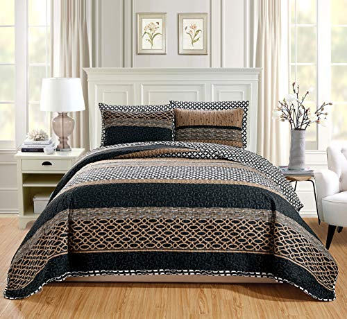 Grand Linen 3-Piece Fine Printed Oversize (100 X 95) Quilt Set All-Season Reversible Bedspread Coverlet Queen Size Bed Cover (Black, Brown, Taupe, Beige Lattice)