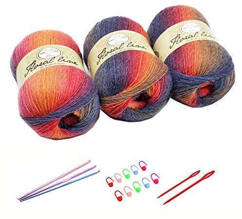 YAMEE Strickwolle, mehrfarbig, 3 Knäuel x 100 g – Set Strickgarn – mit 3 Häkeln, 2 Nadeln, 10 x farbiger Zählkreis