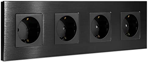 Navaris Aluminium Schuko Steckdose vierfach - mit Montagematerial - Design Schutzkontakt Einbau Wandsteckdose mit Rahmen aus Aluminium - in Schwarz