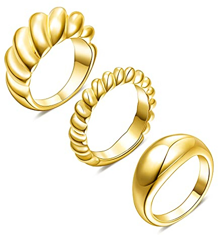 Ensemble de bagues épaisses plaquées or 14 carats croissant tressé en forme de dôme torsadé pour femmes, hommes, adolescents, garçons et filles