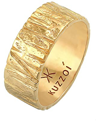 Kuzzoi Herrenring strukturiert Bandring (9 mm) 925 Silber | 925 Sterling Silber vergoldet Silberring gehämmert Goldener Ring für Männer Ringgröße 60 - 66