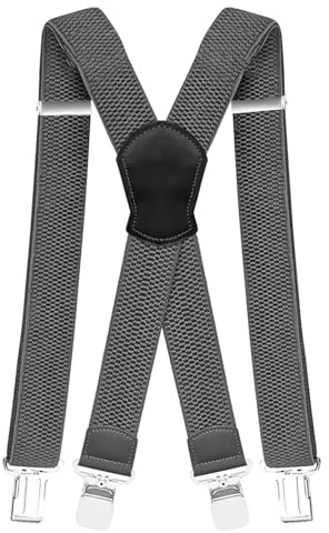 Pejoye Bretelle da uomo resistenti per pantaloni con 4 clip in metallo resistenti, regolabili ed elastiche, per uomini e donne, forma a X, Grigio scuro, M