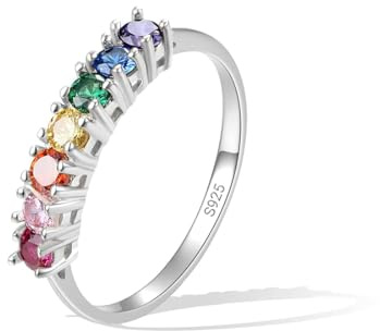 E Bunte Ringe Damen Silber 925 Eternity Regenbogenring mit Glänzendem Zirkonia, 14 Karat Vergoldet Silber Rainbow Regenbogen Ring für Frauen