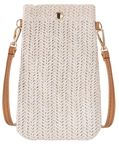QH-Shop Strohtasche für Frauen Crossbody Strand Tasche Geflochten Casual Handgefertigt Verschluss mit Schnalle für Damen Mädchen Freizeit Mobiltelefon Reisen Urlaub Beige