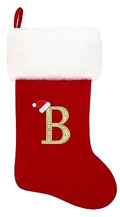 Eoocan 50.8 cm Monogramm-Weihnachtsstrümpfe, roter Samt mit weißer, superweicher Plüschmanschette, bestickte Weihnachtsstrümpfe, Urlaub, Dekoration (Buchstabe B)