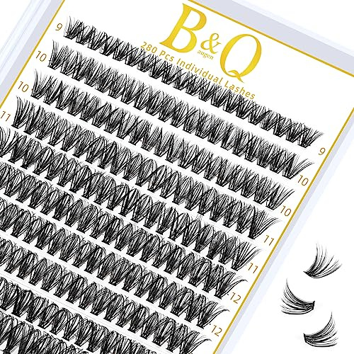 B&Q Wimpern Cluster 280PCS Einzelne Wimpern 40D D-Curl 9-16mm | DIY Wimpern Extensions Wispy Look Ultradünnes Band Natürliches Finish Verschiedene Längen Einfaches Anbringen