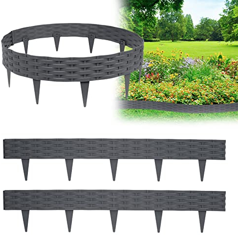 XMTECH 5m Rasenkante Beeteinfassung Gartenpalisade in Rattan-Optik, Beetumrandung Mähkante Randsteine aus Kunststoff mit 5 Elemente á 100 cm, Anthrazit