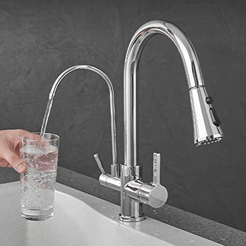 3 Wege Wasserhahn Küche Spültischarmatur Küche mit Brause Mischbatterien für Küche 2 Strahlarten Trinkwasserhahn mit 2 Hebel 3 in 1 Mischbatterie Küche für Wasserfilter,Chrom