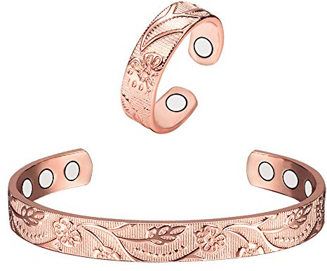 EnerCoppeX Set Magnetisches massives Kupfer 16,5 cm Armband und 5,8 cm Ring, 99,99% massives Kupfer, magnetische Kombination Schmuckarmband, 8 Magnetringe, 4 Magnete, verstellbare Größ