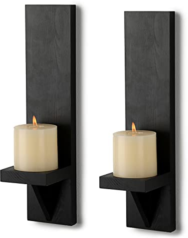 BSTKEY Set of 2 Wooden Wall Candle Sconces, Decorative Candle Holder Wall Mounted Pillar Candle Stand, Black Votive Candlestick Sconce