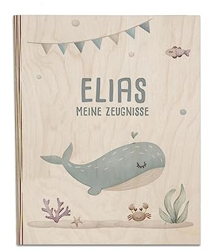 Personalisierte Zeugnismappe aus Birkenholz - Individuelles Geschenk zur Einschulung mit Namen - DIN A4 - Zeugnisringbuch Mädchen & Jungen - hellomini (Wal)