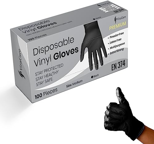 100 x Black Premium Disposable Gloves Medium | Double Thickness | Vinyl Gloves Disposable Medium | Latex free Gloves | Powder Free Gloves | Black Gloves Disposable | (Medium, 1 Pack of 100)