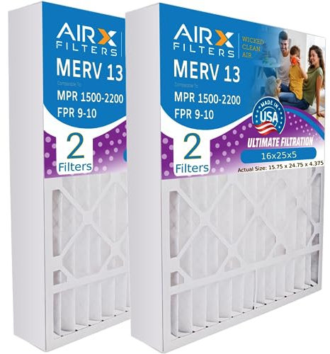 AIRX FILTERS WICKED CLEAN AIR. 16x25x5 Air Filter MERV 13 Compatible with Bryant Carrier FILXXCAR0016 Furnace Filter 2 Pack