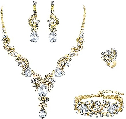 EVER FAITH Strass Kristall Hochzeit Blumen Welle Teardrop Halskette Ohrringe Set