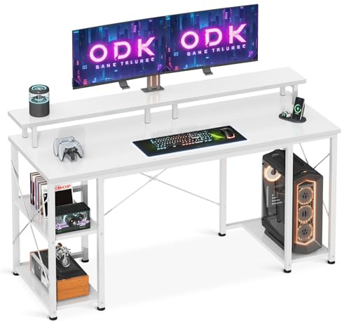 ODK Computer Desk With Monitor Stand, 120 x 50 cm Office Desk With Storage Shelves for Home Office, Study Table for Small Space, White