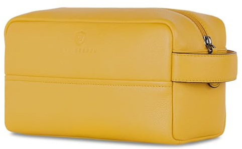 VON HEESEN Kulturbeutel Leder Kulturtasche für Herren & Damen - Echtleder Necessaire ideal zum Reisen - Waschtasche und Kosmetiktasche mit einem Hauptfach gelb, groß