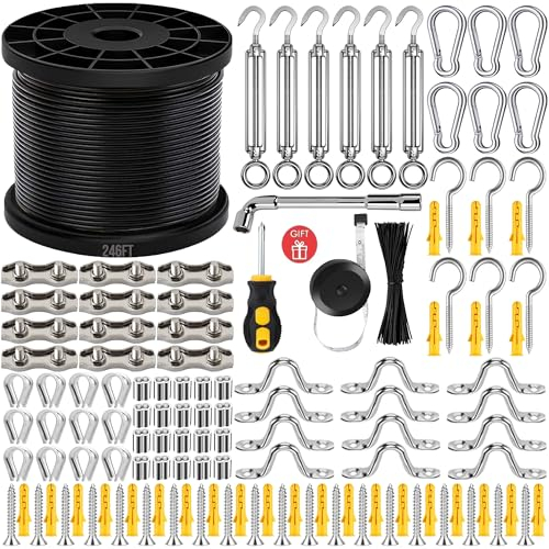 YingYa BIS 246FT Black Vinyl Coated 304 Stainless Steel Wire Rope Cable Kit – Heavy Duty Outdoor String Light Hanging Guide Wire with M5 Turnbuckle for Patio, Garden, Christmas Lights