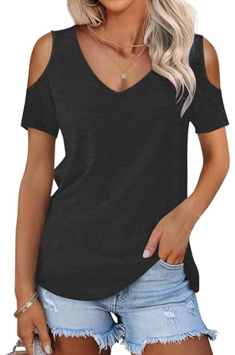 WNEEDU Camisetas Manga Corta Mujer Verano Blusas Cuello V Elegante T-Shirt | Cold shoulder top, basicas, casual