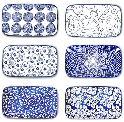 Selamica Rectangular Salad Plates, 7.1 Inch Dessert Plates Ceramic, Small Plates for Appetizer, Snack, Sushi, Fruit, Set of 6, Vintage Blue