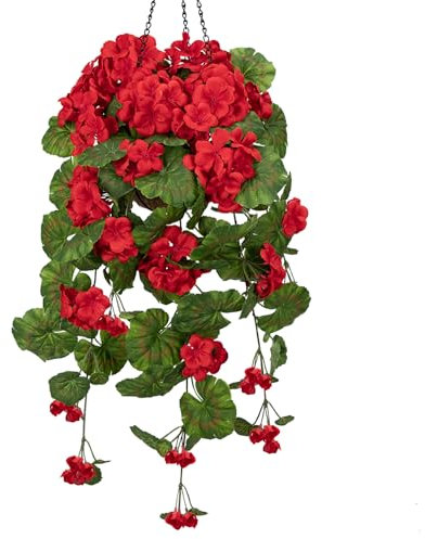 Arborus Artificial Hanging Baskets Artificial Red Geranium Flowers in Basket Fake Hanging Baskets Flowers Faux Flower Front Door Plants for Indoors Home Balcony Cafes Spring Decoration
