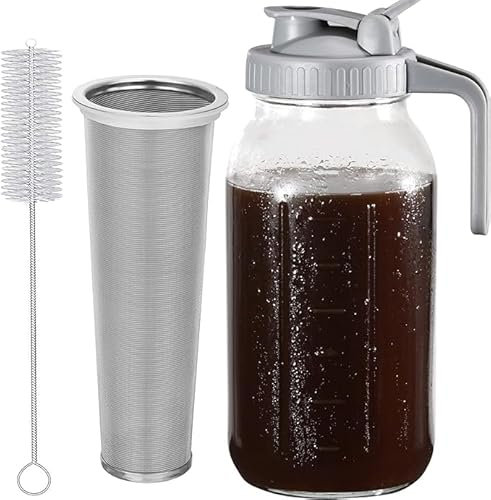 Jarra de café Cold Brew, jarra multiusos de vidrio grueso de 64 onzas con mango más ancho y filtro de acero inoxidable para café helado, limonada, té helado, bebidas de frutas caseras, gris