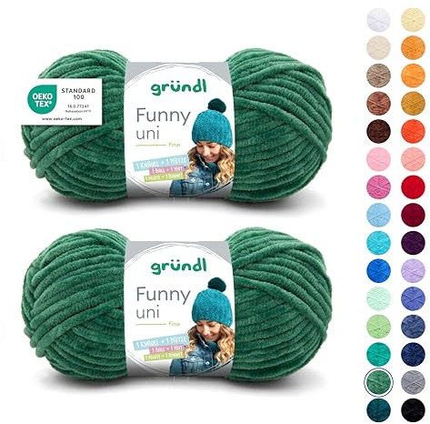 Gründl Wolle Funny uni Chenille Wolle 2 Knäuel 100 g, Dunkelgrün | dicke weiche Chenille Wolle zum Häkeln - Kuschelig und hautfreundlich - 100 % Polyester - 100 g / 120 m - Nadelstärke 5 - 6