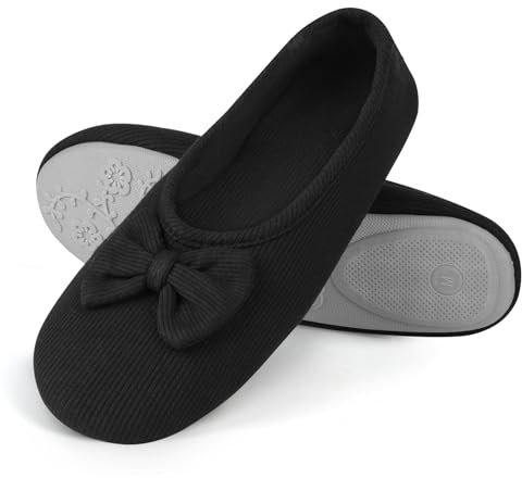 OFFCUP Ladies' Ballerina Slippers, 6UK-6.5UK House Shoes, Loafer Slippers with Elegant Bow and Memory Foam Cosy Lightweight House Shoes with Anti-Slip Soft Rubber Sole (Black)