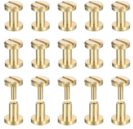 sourcing map 25Pack Brass Chicago Screws, 5x6mm Flat Head Screw Back Binding Post Nail Stud Rivets for DIY Leather Craft Belt Strap, Brass Tone