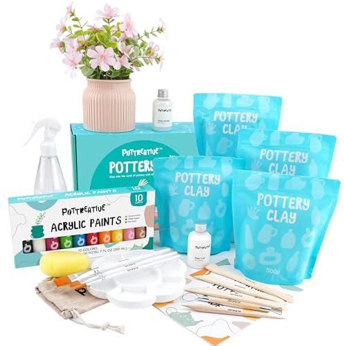 POTTREATIVE Lufttrocknendes Ton-Töpferset für Anfänger. DIY-Lufttrocknendes Ton-Set für Erwachsene. Enthält lufttrocknenden Ton, Anleitung, Töpfer-Bildhauerwerkzeuge. Heim-Töpferset