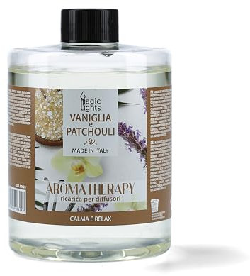 Magic Ligths - Aroma Therapy | Ricarica di 500 ml per Diffusori a Bastoncini | Profumazione Vaniglia e Patchouli | Calma e Relax | Made in Italy