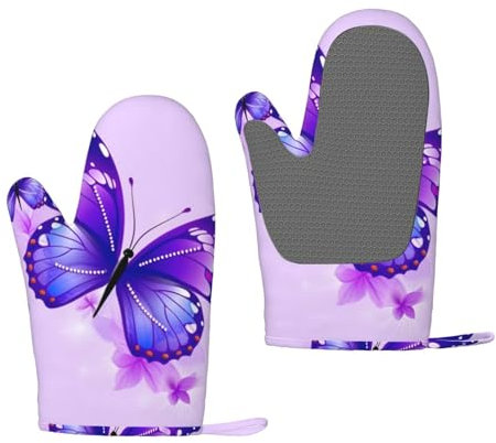 Purple Butterfly Oven Mitts Set of 2 Heat Resistant Silicone Oven Gloves with Soft Lining Non-Slip Kitchen Cooking Mitt Long Waterproof Potholders Kitchen Essentials