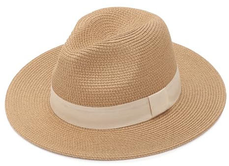 DRESHOW Damen Panama Hut Breiter Krempe Stroh Sommer Fedora Strohhut Panama Aufrollen Hut Strand Rollbar UV Sonnenhut UPF 50 +