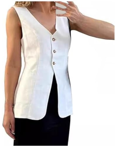 2025 - Gilet lungo da donna in lino estivo casual senza maniche da trekking vestiti da donna, bianco, XL