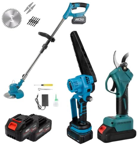 Kit Potatura 3 in 1 a Batteria 48V con 2 Batterie, Forbice Elettrica + Mini Motosega 6 con Oliatore + Decespugliatore Elettrico, Strumenti da Giardino con Accessori e Caricatore Inclusi