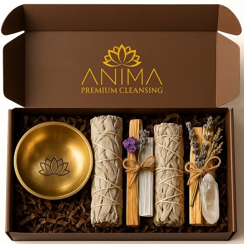 Anima Premium Energy Cleansing Set – White Sage Smudge Sticks, Palo Santo Sticks, Clear Quartz & Selenite Crystal with Smudge Bowl for Crystals & Home Cleansing, Meditation & Manifestation