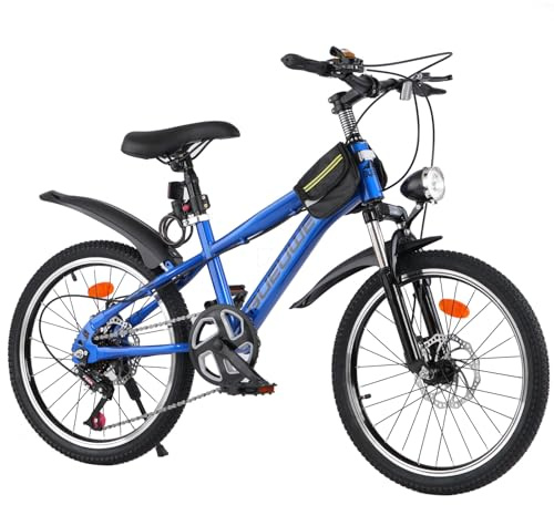 LNRLZYLS Kids Bike for Boys & Girls Ages 7–12, 20/24 Inch Mountain Bicycle with 7-Speed Gear, Dual Disc Brakes, Suspension Fork, LED Headlight – Youth Bike for Outdoor Riding (Blue, 24 inch)