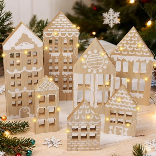 Weihnachtshäuser, 7 Stück Weihnachtsdeko Häuser, Tischdeko Weihnachten, Weihnachtsdeko Haus Holz mit LED Lichterkette, Deko Häuser Weihnachten, Weihnachtshaus Weihnachtsdeko Innen Holzhaus Winterdeko