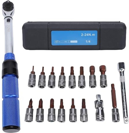 Oreilet Clé Dynamométrique 1/4 Drive, 2-24N.m 72 Dent Numérique Réversible Clé Torsion Réglable avec 15 Bits, Tige Connexion, pour Réparation Vélo Moto Entretien Voiture, Précis