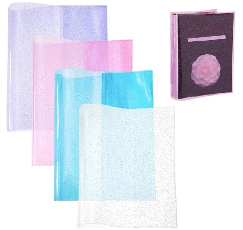 SUPERFINDINGS 4 Stück A5 Gelee Buchumschlag Glitzer Buchhüllen 24x21cm PVC Planer Schutzhüllen 4 Farben Staubdichter Wasserdichter Planer Schutzumschlag für Journale und Notizbücher Postkartenhüllen