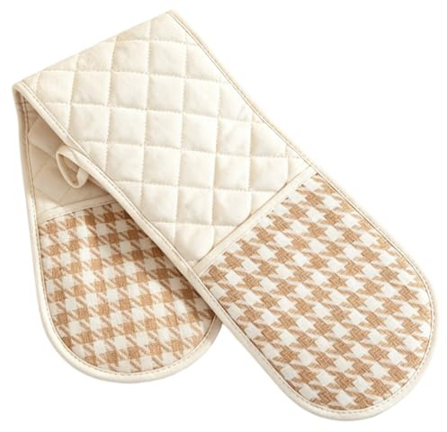 Double Oven Gloves, Heat Resistant Double Oven Gloves for Baking and Grilling, Professional Oven Mitts with Extended Coverage, One Pair Kitchen Gloves for Hot Dishes and Deep Trays (Off-white)