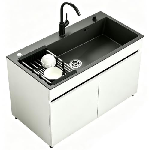 Mueble Fregadero un Seno para Exterior y Jardín Fregadero Freistehend de Acero Inox Negro Cepillado con Grifo de Agua Fría y Caliente, Estructura de Aluminio Alveolar para Garaje, Taller o Patio